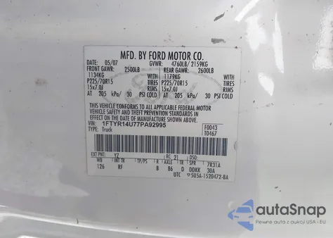 2007 Ford Ranger Sport/Stx/Xl/Xlt from USA, damaged, VIN 1FTYR14U77PA92995